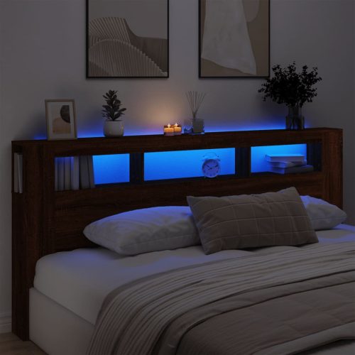 barna tölgyszínű szerelt fa LED-es fejtámla 220x18,5x103,5 cm