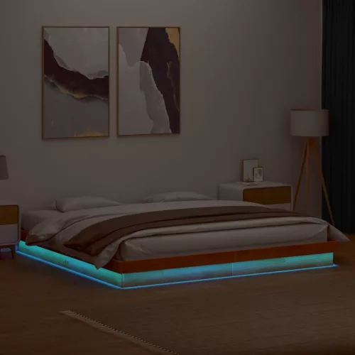 viaszbarna tömör fenyőfa LED-es ágykeret 200 x 200 cm