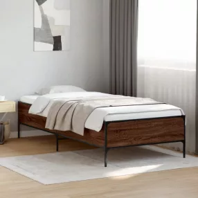   barna tölgyszínű szerelt fa és fém ágykeret 100 x 200 cm
