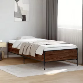   barna tölgyszínű szerelt fa és fém ágykeret 90 x 200 cm