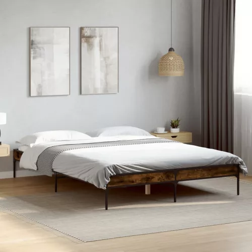 füstös tölgyszínű szerelt fa és fém ágykeret 150 x 200 cm