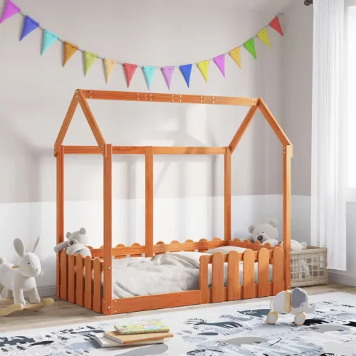 viaszbarna tömör fenyőfa házikó gyerekágykeret 70 x 140 cm