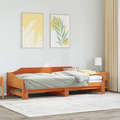 viaszbarna tömör fenyőfa kihúzható kanapéágy 90 x 200 cm