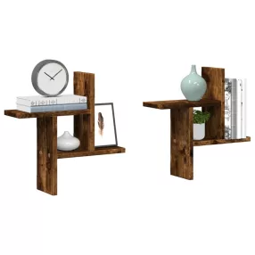   2 db füstös tölgy színű szerelt fa fali polc 38 x 12 x 38 cm