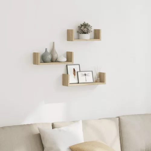 3 db sonoma tölgy színű szerelt fa fali polc