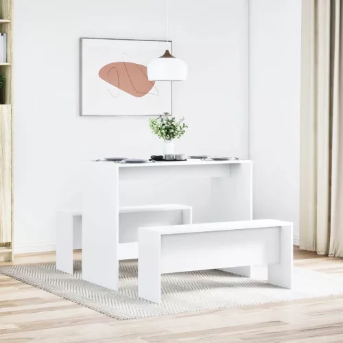 3 részes fehér szerelt fa étkezőasztal és pad szett
