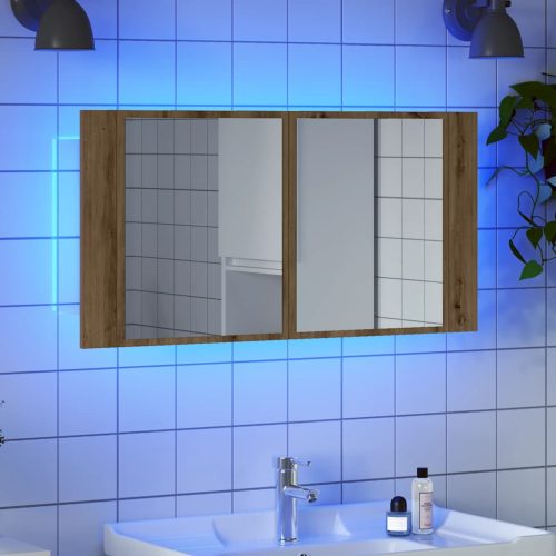 kézműves tölgy szerelt fa tükrösszekrény LED-del 90x12x45 cm