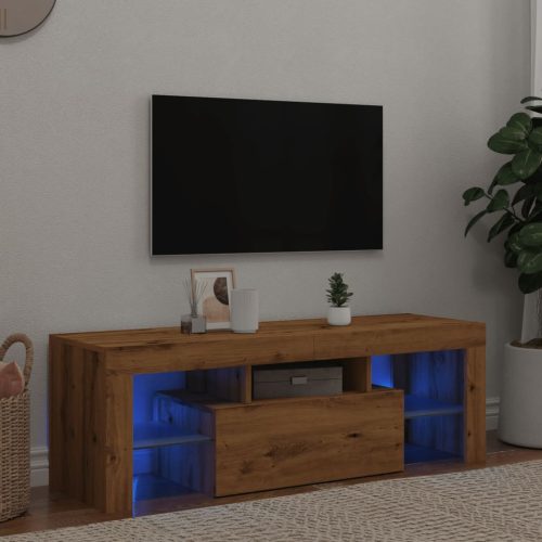 kézműves tölgy szerelt fa TV-szekrény LED-ekkel 120x36,5x40 cm