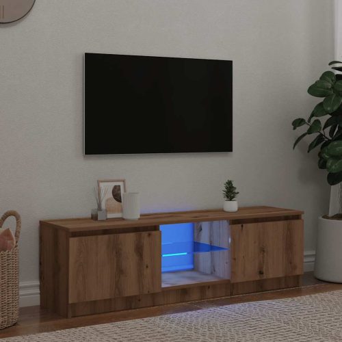 kézműves tölgy szerelt fa TV-szekrény LED-ekkel 140x40x35,5 cm