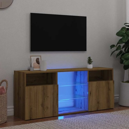 kézműves tölgy szerelt fa TV-szekrény LED-ekkel 120x30x50 cm