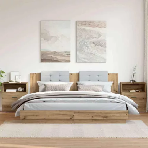 2 db kézműves tölgy színű szerelt fa éjjeliszekrény 50x32x60 cm