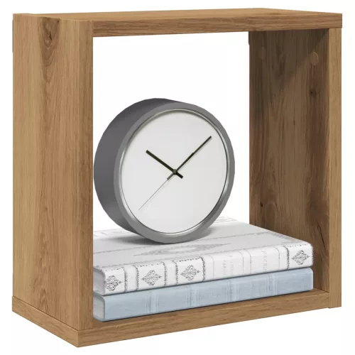 4 db kézműves tölgyszínű szerelt fa fali kockapolc 30x15x30 cm