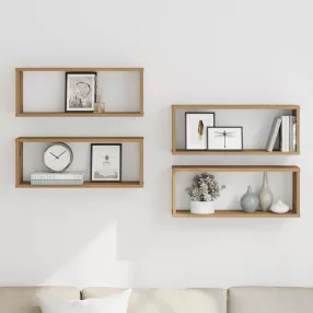   4 db kézműves tölgy színű szerelt fa fali kockapolc 60x15x23 cm