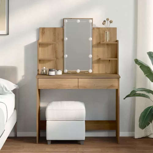 kézműves tölgy színű fésülködőasztal LED-del 96x40x142 cm