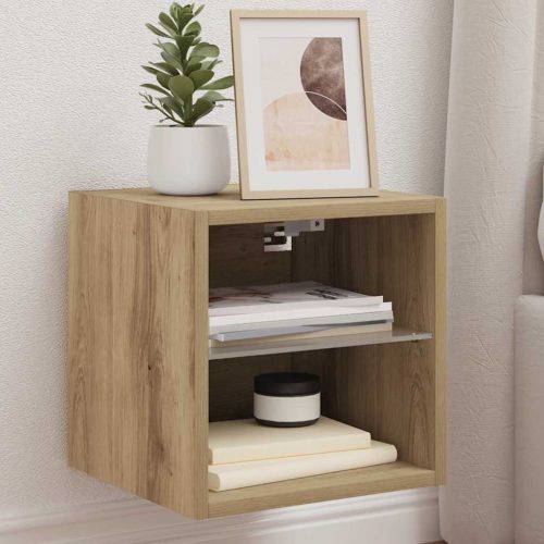 kézműves tölgy színű fali TV-szekrény LED-ekkel 30x28,5x30 cm