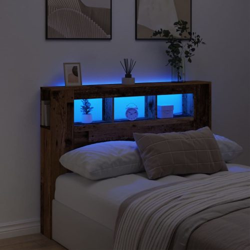 antik fa színű szerelt fa LED-es fejtámla 140x18,5x103,5 cm