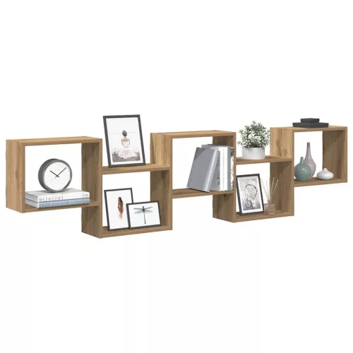 kézműves tölgy színű szerelt fa fali kockapolc 5 rekeszes színű