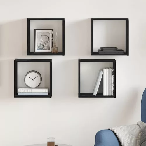 4 db fekete tölgyszínű szerelt fa fali kockapolc 30x15x30 cm