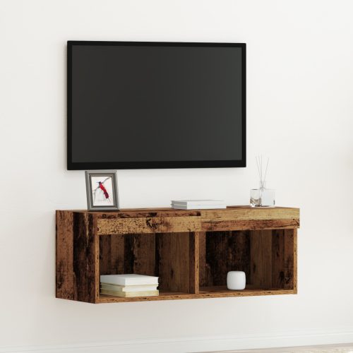 LED-es világítással ellátott TV faliszekrény, régi fa, 80x30x30 cm