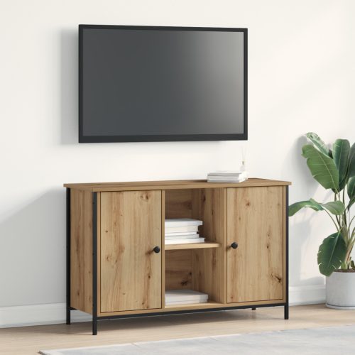 TV Szekrény Fekete Tölgy 101x35x65 cm Műanyag Fa és Acél