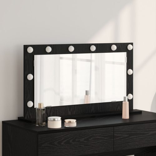 LED világítással ellátott tükör fekete tölgy 80x45x18 cm