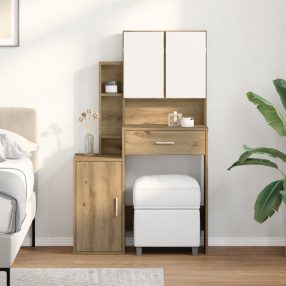   Tükrös Sminkasztal LED világítással, Műalkotás tölgy hatású, Mérnöki fa