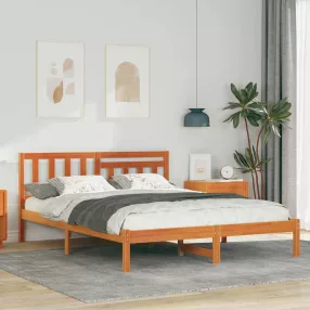   Ágykeret fejtámlával Viaszbarna 135 x 190 cm Tömör fenyőfa