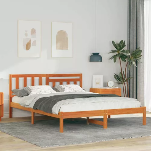 Ágykeret fejtámlával Viaszbarna 135 x 190 cm Tömör fenyőfa