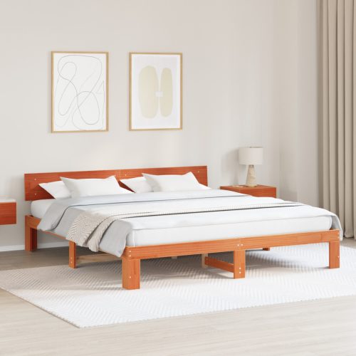 Ágykeret Fejvéggel Gyantázott Barna 200x200 cm Tömör Fenyőfa