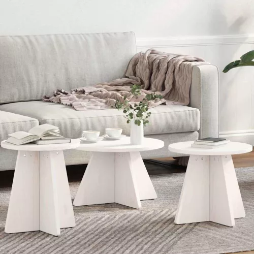 Dohányzóasztal 3 pcs Fehér 49 x 49 x 30 cm Tömör fenyőfa
