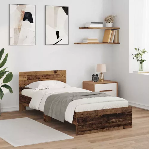 Ágykeret LED -es lámpákkal Öreg fa 90 x 200 cm Faanyag