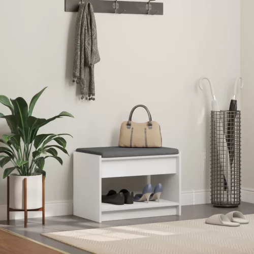 vidaXL Előtér pad párnával Fehér 63 x 38 x 45 cm Műanyag Fa és Szövet
