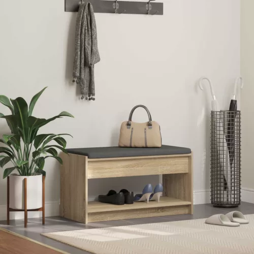 vidaXL Előtér pad Sonoma tölgy 83 x 38 x 45 cm Műanyag Fa és Szövet