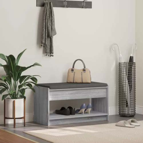 vidaXL Előtér pad Szürke Sonoma 83 x 38 x 45 cm Műanyag Fa és Szövet