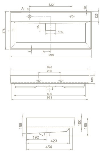 TMP LUX 100D fali fürdőszobabútor - CeraStyle SHARP 37600 DUPLA csaplyukas mosdóval - 100 x 48 cm