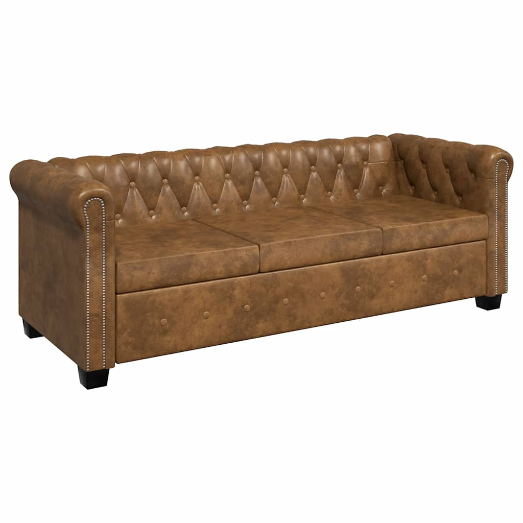 3 személyes barna műbőr Chesterfield kanapé