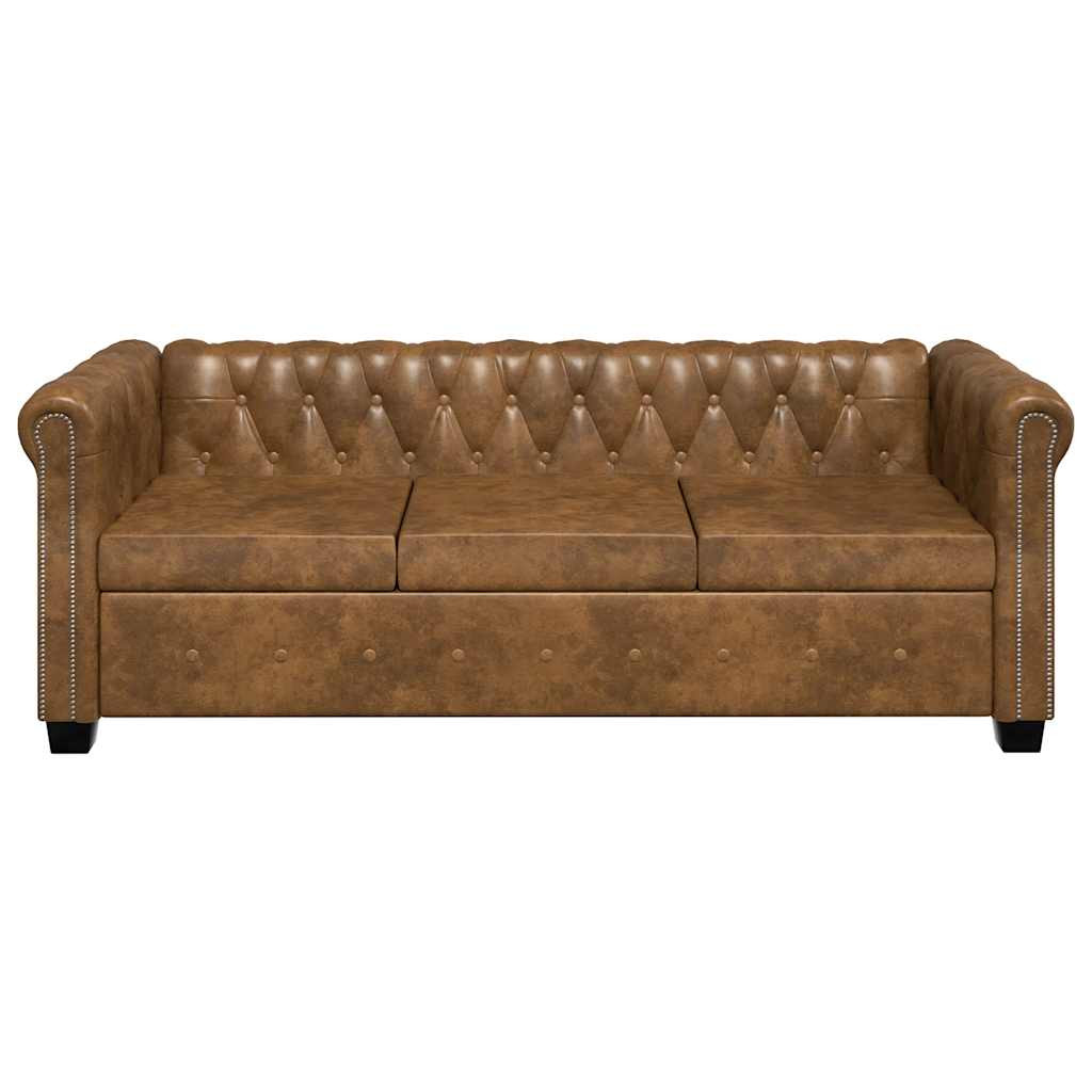 3 személyes barna műbőr Chesterfield kanapé