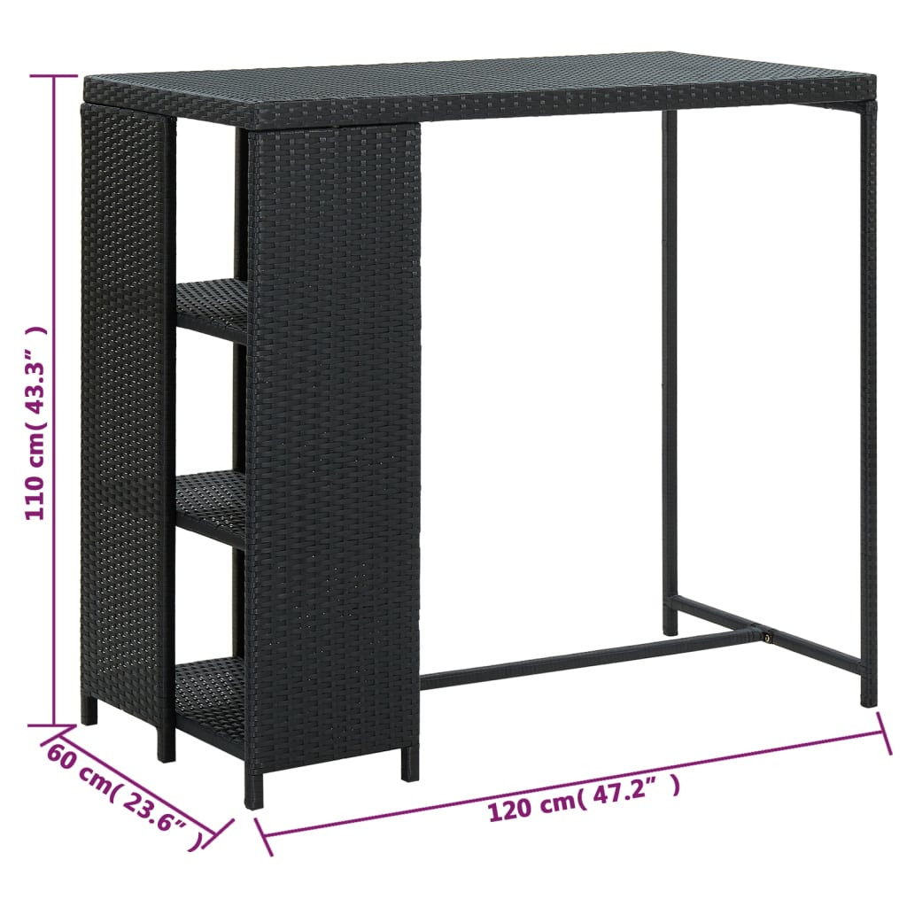 fekete polyrattan bárasztal tárolópolccal 120 x 60 x 110 cm