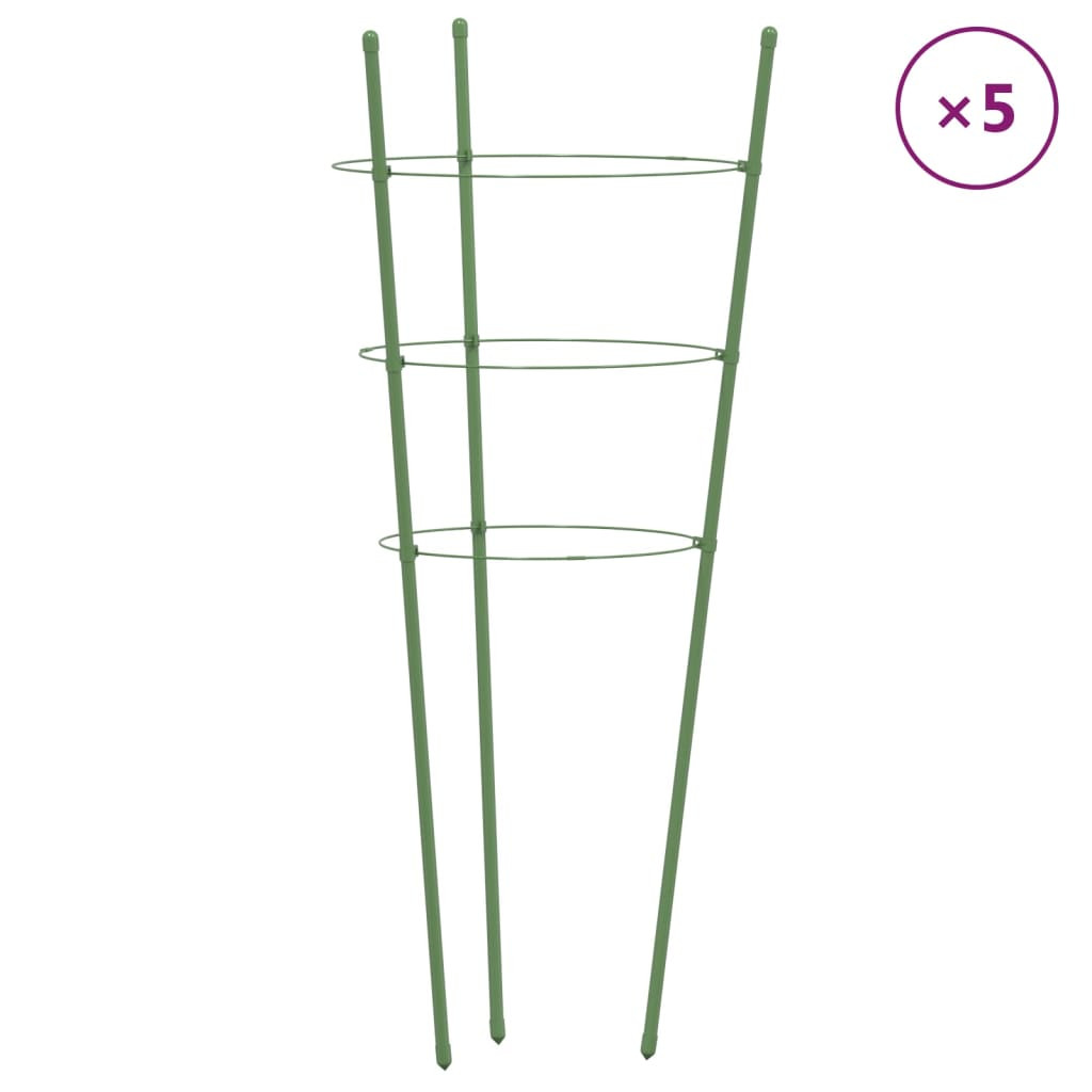 5 db zöld acél kerti növénytámasz 3 gyűrűvel 75 cm