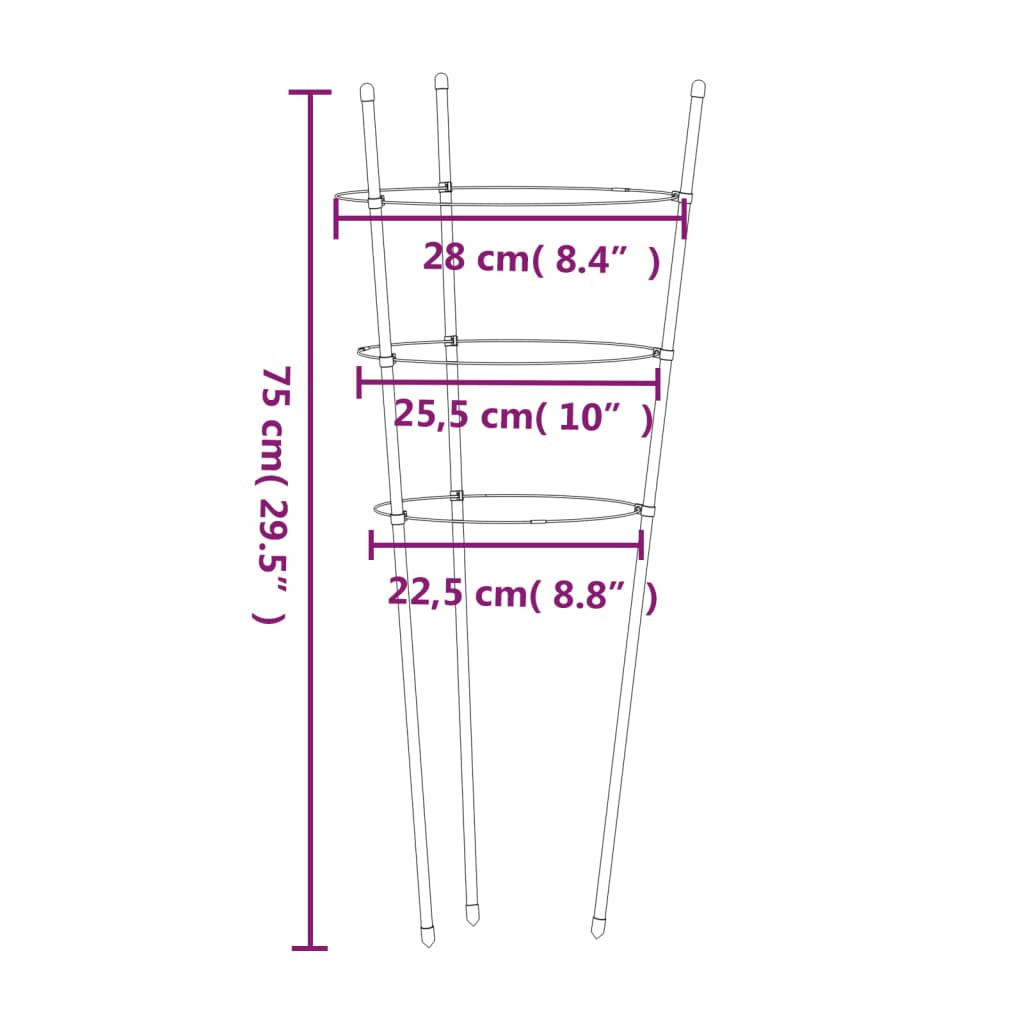 5 db zöld acél kerti növénytámasz 3 gyűrűvel 75 cm