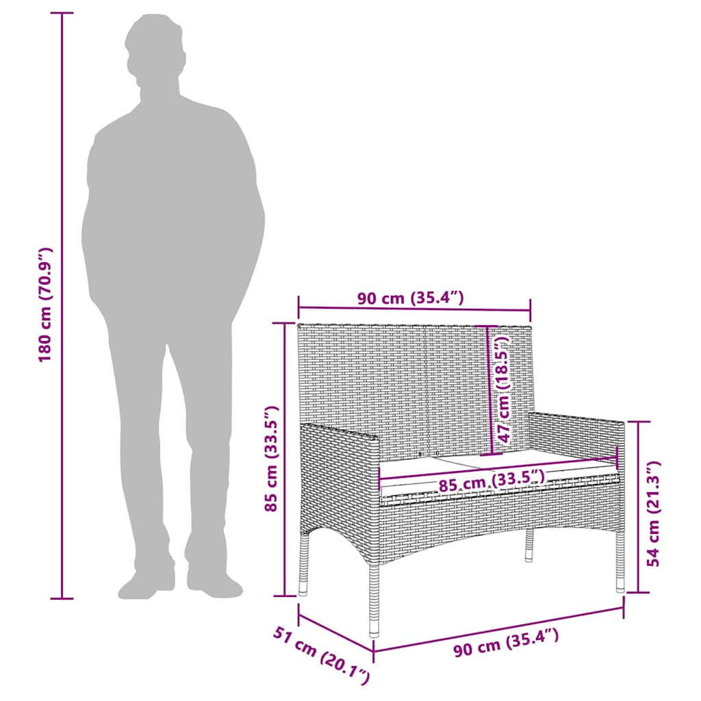 fekete 2 személyes polyrattan kerti pad párnával