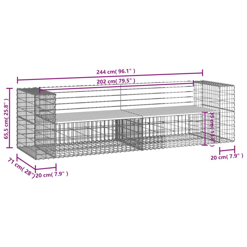 tömör impregnált fenyőfa gabion kerti pad 244x71x65,5 cm