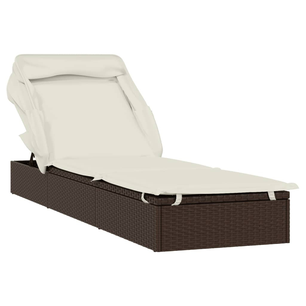barna polyrattan napozóágy összecsukható tetővel 213x63x97 cm