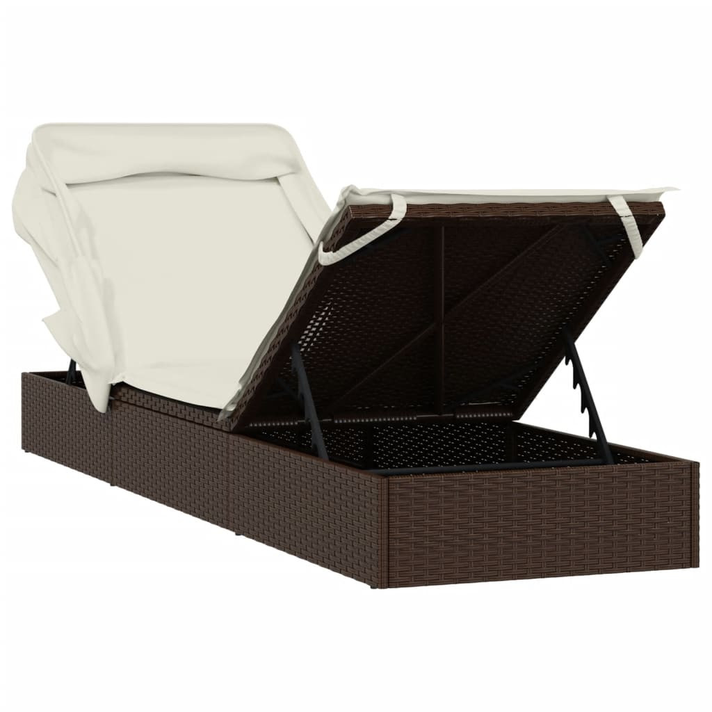 barna polyrattan napozóágy összecsukható tetővel 213x63x97 cm