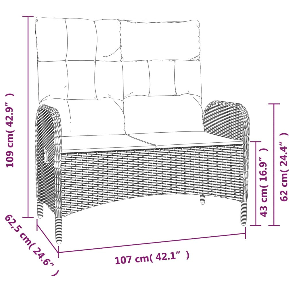 fekete polyrattan dönthető kerti pad párnákkal 107 cm fekete polyrattan dönthető kerti pad párnákkal 107 cm