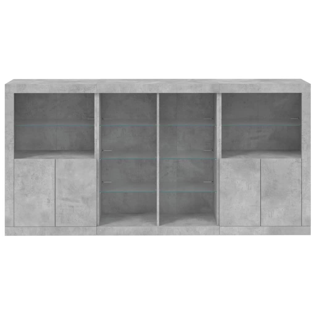 betonszürke tálalószekrény LED-világítással 202 x 37 x 100 cm