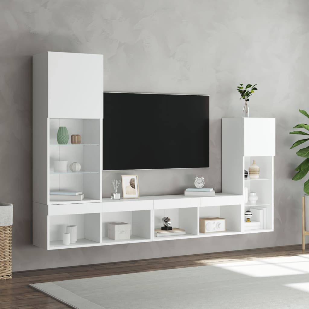 4 darab fehér szerelt fa fali TV-bútor LED-del