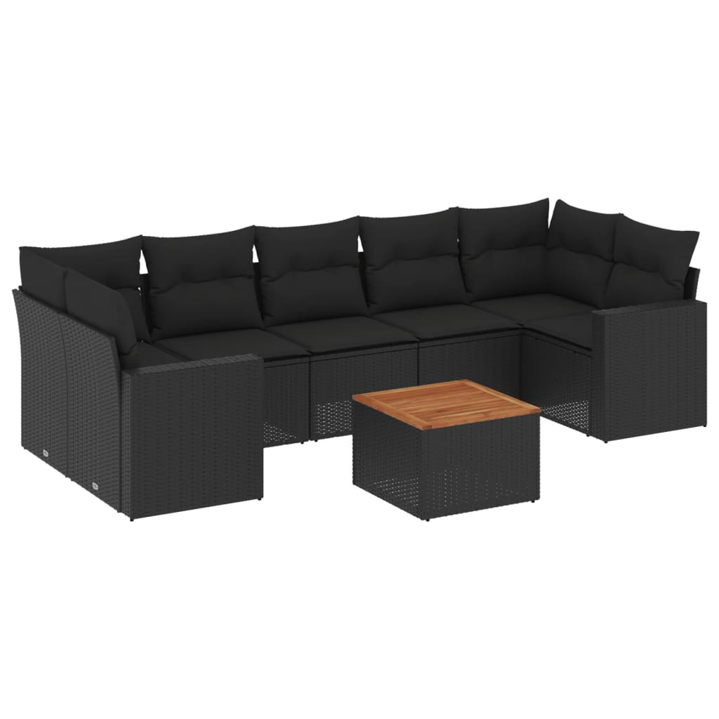 8 részes fekete polyrattan kerti ülőgarnitúra párnákkal