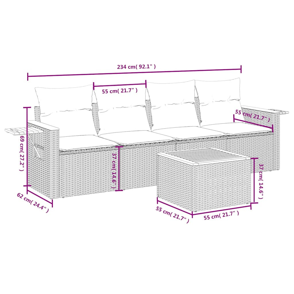 vidaXL 5 részes szürke polyrattan kerti ülőgarnitúra párnával
