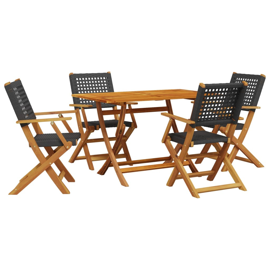 5 részes fekete polyrattan és tömör fa kerti étkezőgarnitúra
